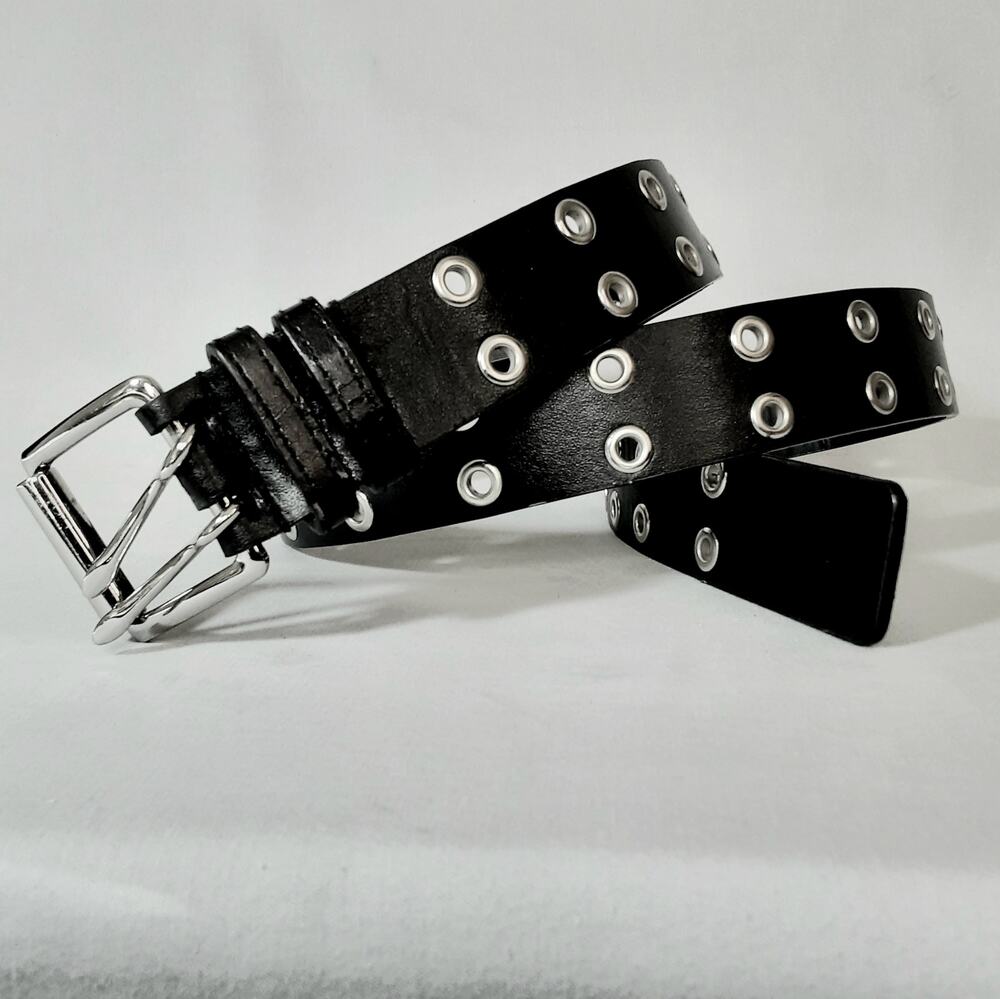 💎Black Unisex Double Silver Tone Grommet Faux Leather Belt Size XL Punk Rock